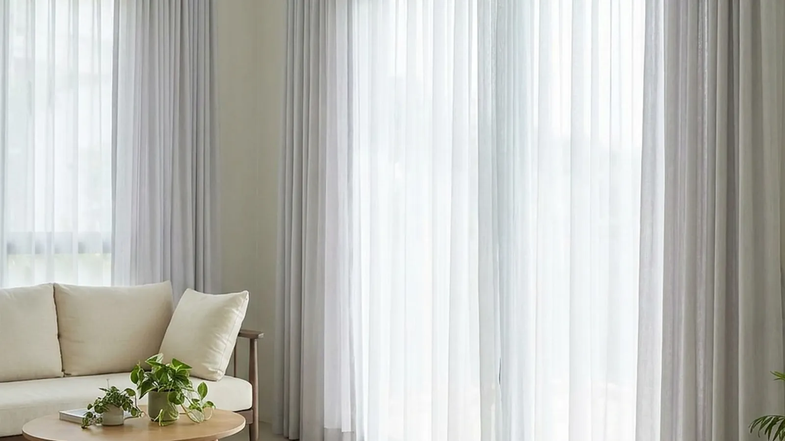 Sheer and grey curtains hanging in a bright Singapore living room