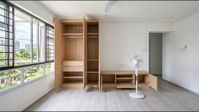 An empty, freshly renovated Singapore flat with the windows open