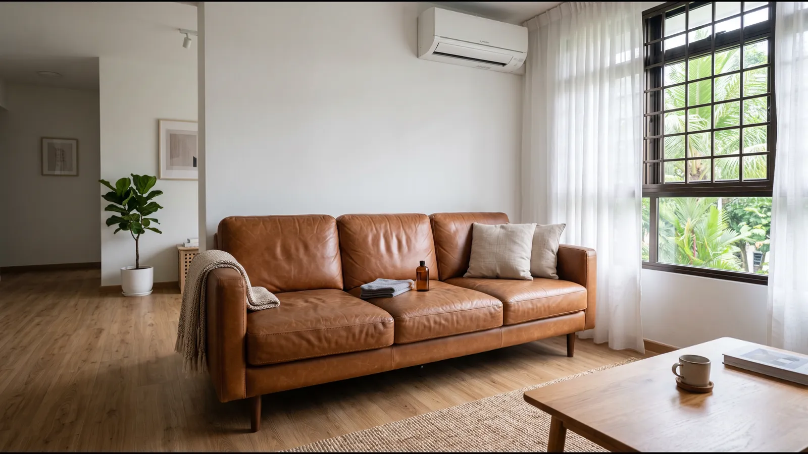 A brown leather sofa in a bright Singapore living room
