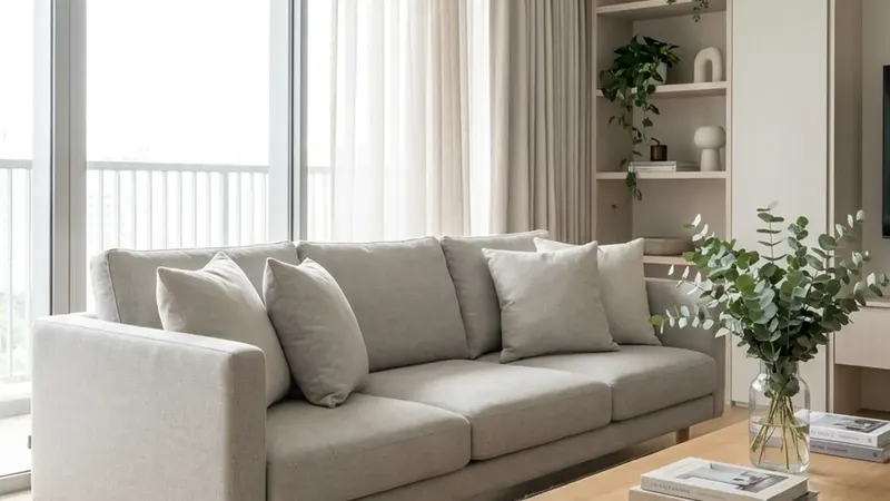 A light sofa with cushions beside tall windows and sheer curtains
