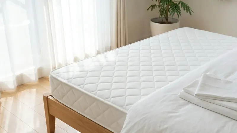 A clean white quilted mattress on a wooden bed frame by a bright window