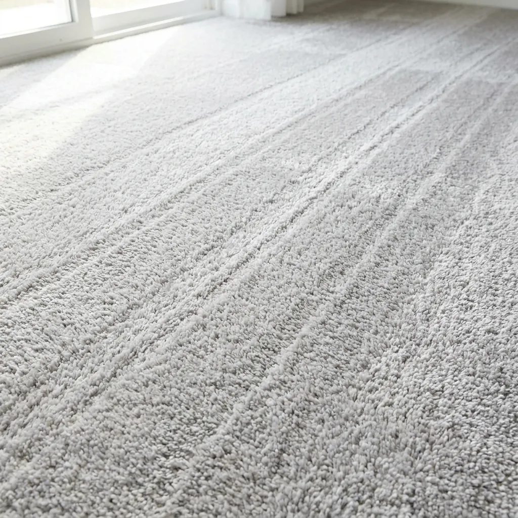 A freshly deep-cleaned plush carpet with fresh vacuum lines