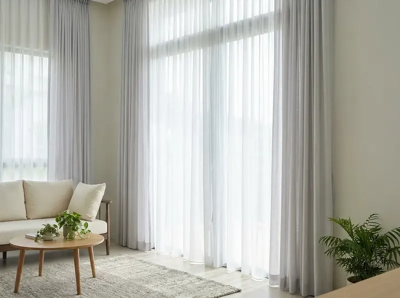 Freshly steam-cleaned curtains hanging in a bright Singapore living room