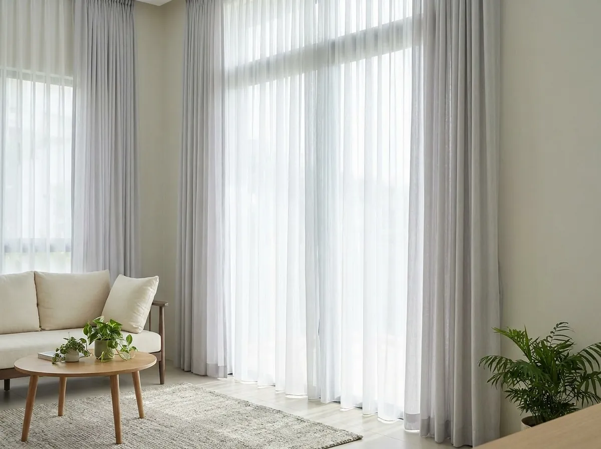 Freshly steam-cleaned sheer and drape curtains in a bright living room