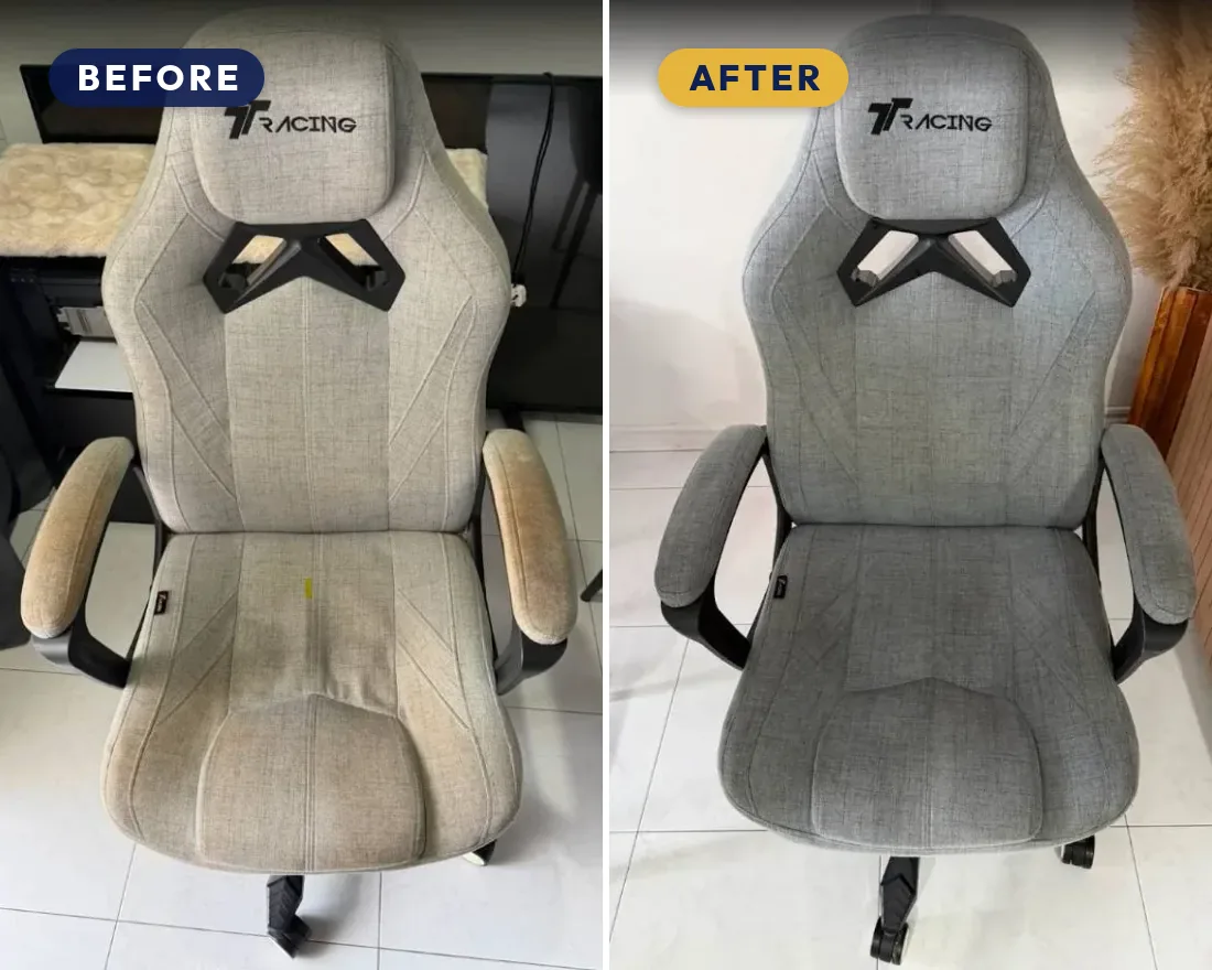 Before and after: a fabric gaming chair with a stained seat and yellowed armrests, then clean and fresh after hot-steam extraction