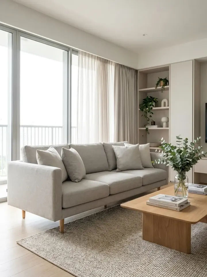 A leather sofa and a fabric sofa side by side in a bright Singapore living room