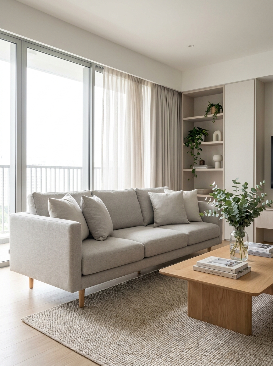 A clean fabric sofa in a bright Singapore living room with a price-tag overlay concept