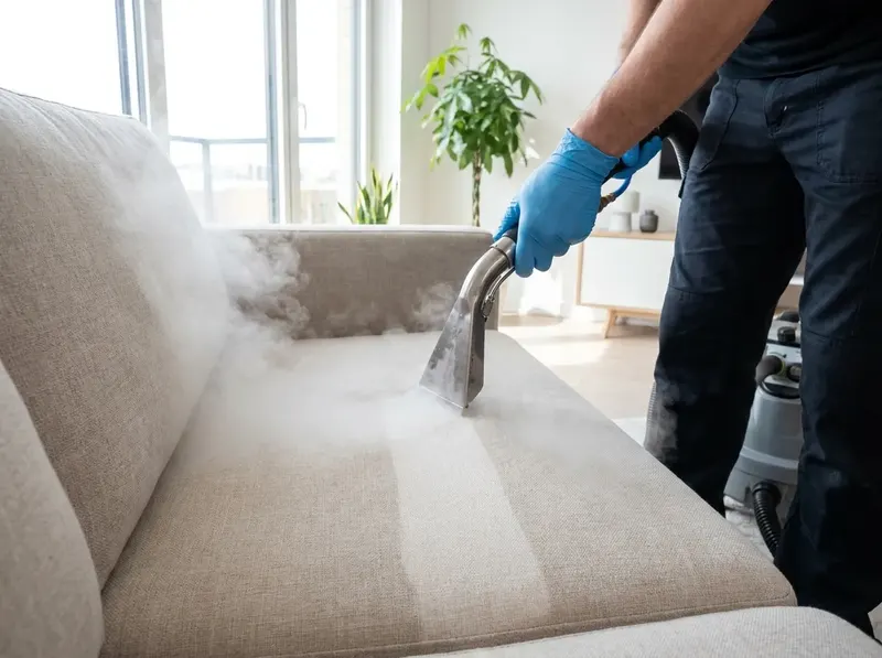 A technician hot-steam cleaning a fabric sofa to remove trapped odours in a Singapore home