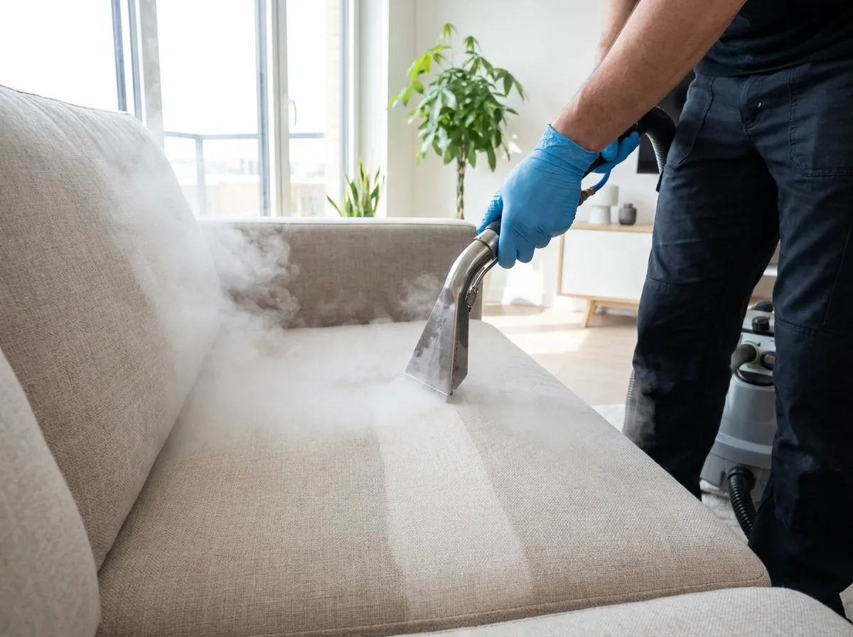 A technician steam-cleaning fabric upholstery in a Singapore home